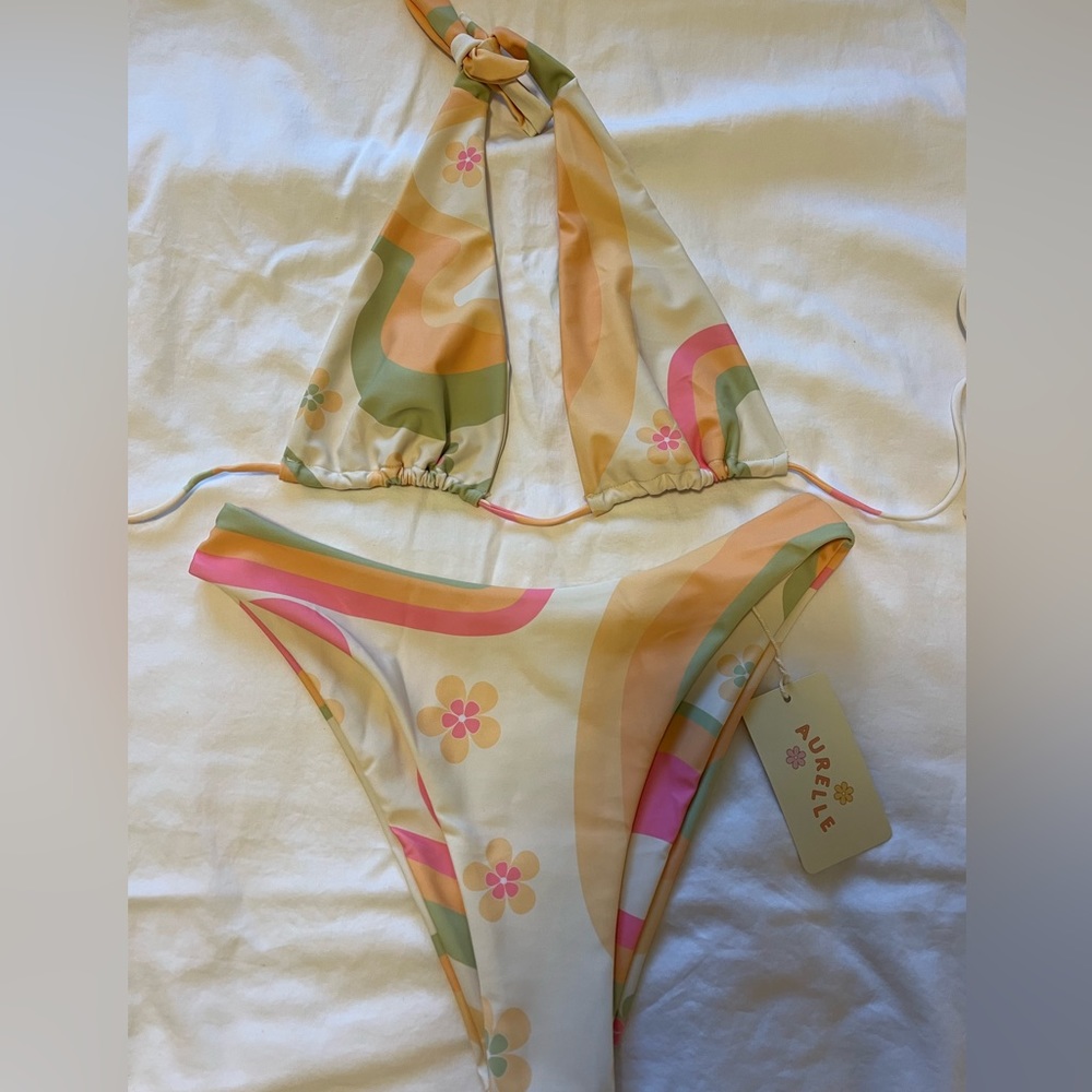 Aurelle Swim, Size Small, Multicolored Retro Bikini